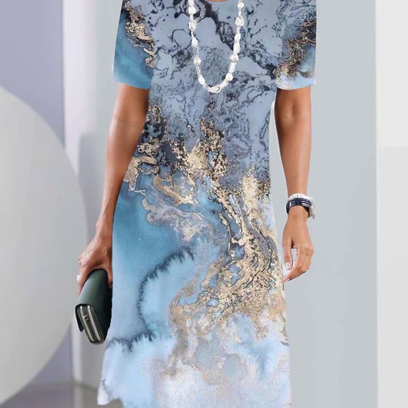 Women's Casual Geometric Print High Waist Midi Dress, Round Neck