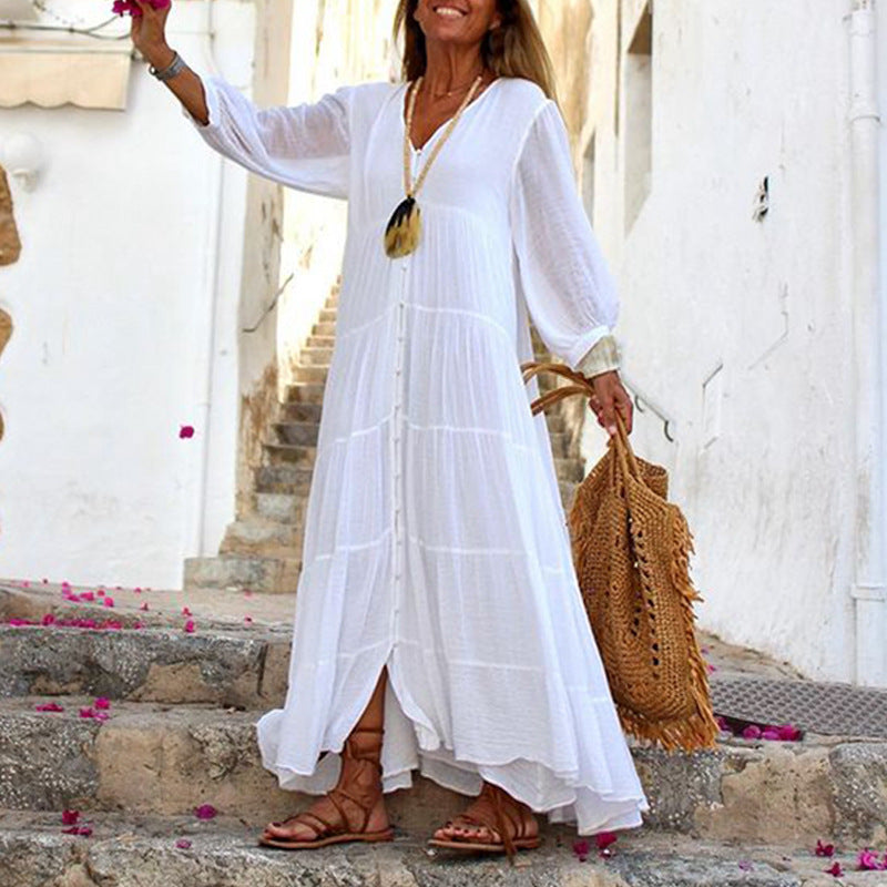 Women's Summer Solid Color Bohemian V-Neck Long Sleeve Cotton Linen Maxi Dress