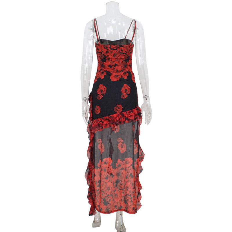 Women's Sexy Summer Irregular Rose Print Mesh Spaghetti Strap Slim Fit Dress