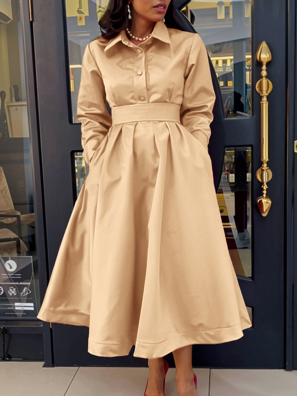 Women's Plus Size Large Swing Solid Color Lapel Long Sleeve A-Line Midi Dress