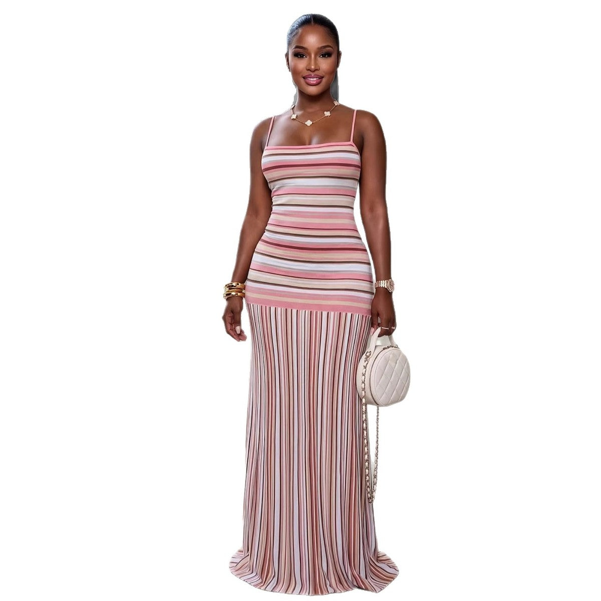 Women's Summer Vacation Stripe Print Sling Maxi Bodycon Dress