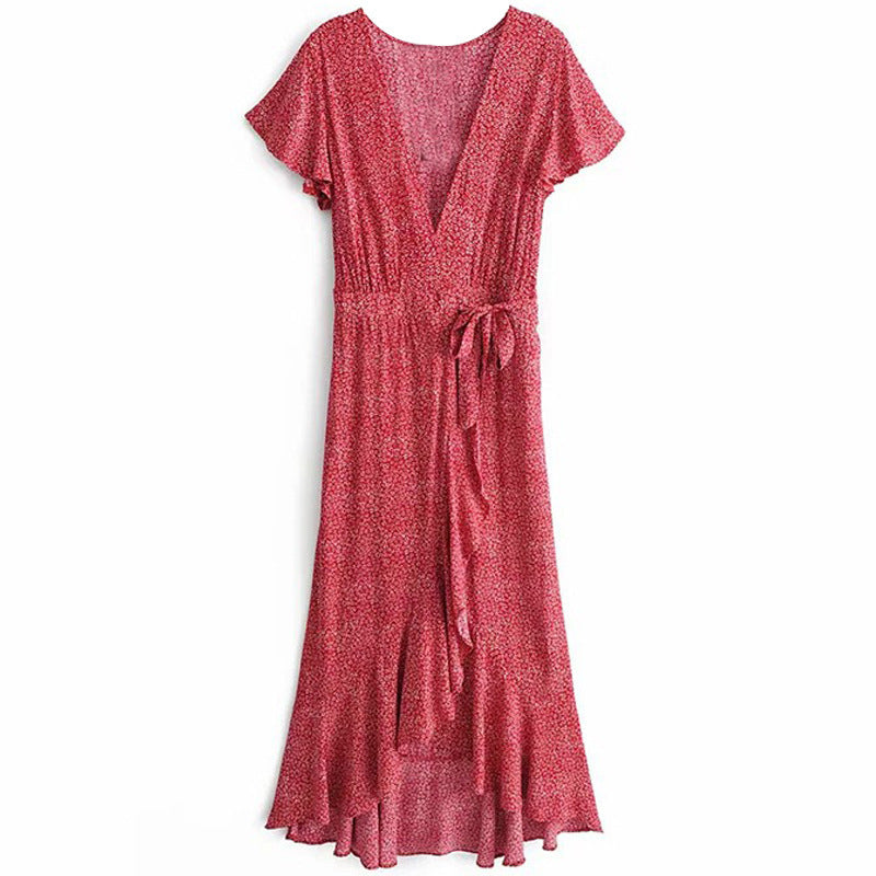 Women's Casual Tiny Flower Printing Ruffled Irregular Wrap Dress
