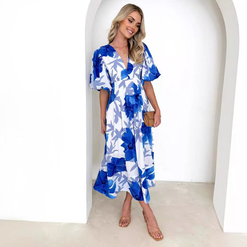 Women's Vacation Casual Floral Print Puff Sleeve Maxi Dress