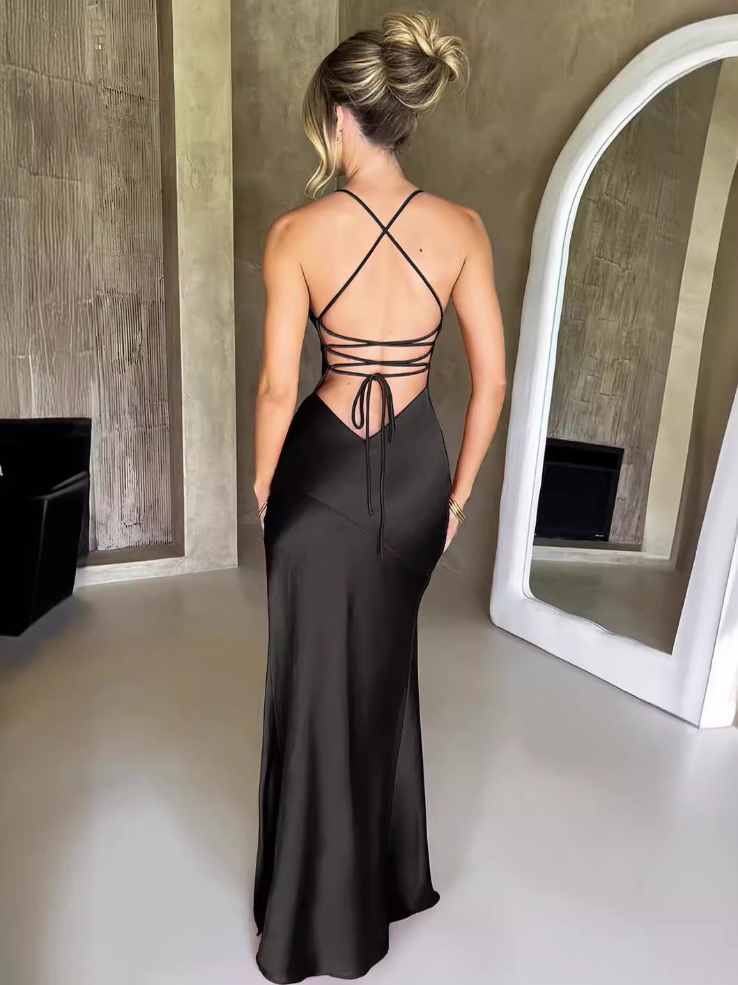 Women's Sexy Solid Color Sling Side Split Maxi Dress