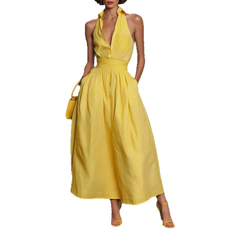 Women's Casual Stripe Lapel Sleeveless Maxi Dress
