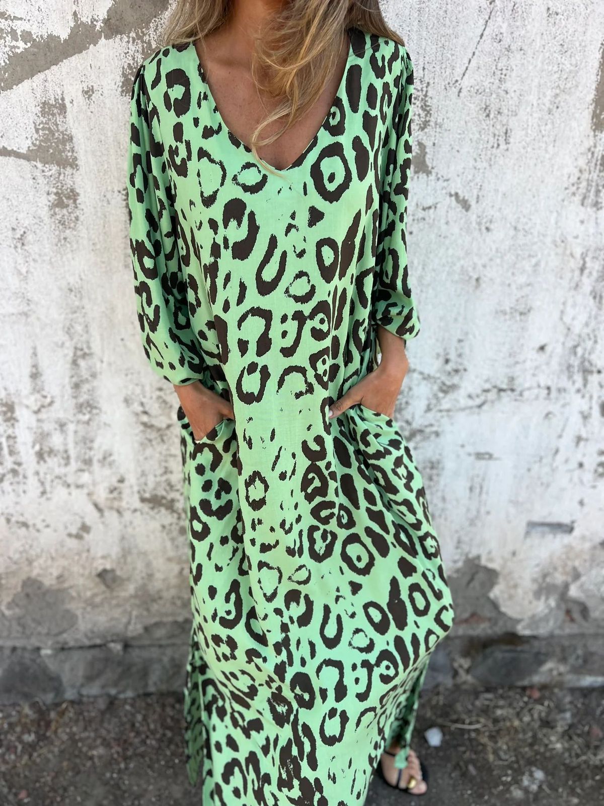 Women's Casual Leopard Printed V-Neck Long Sleeve Loose Maxi Dress