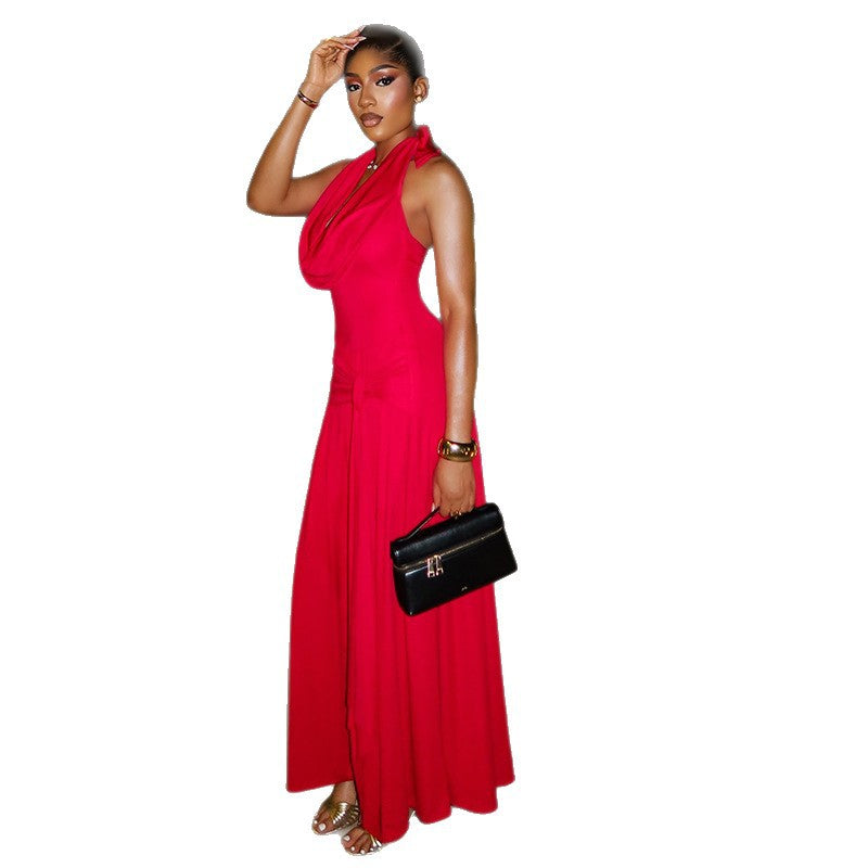 Women's Sexy Solid Side Halter Cowl Neck Sleeveless Maxi Dress