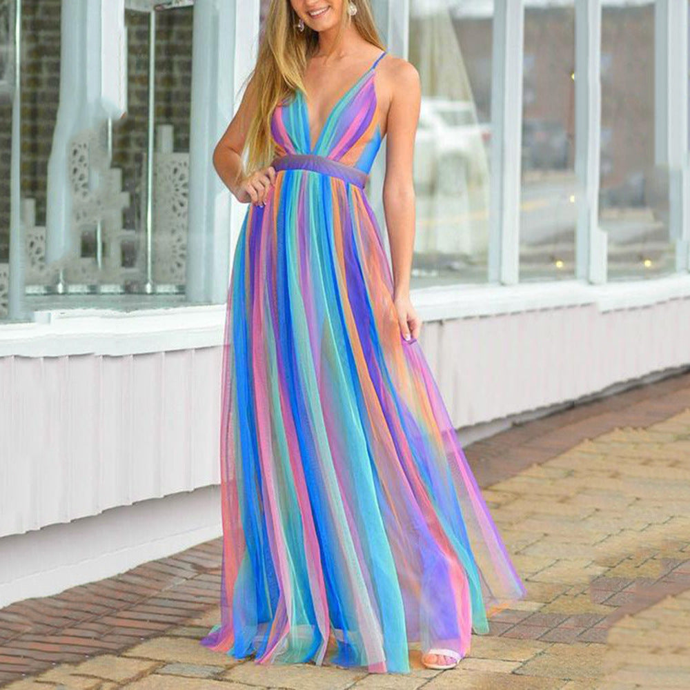 Women's Multicolor Print V-Neck Sling Chiffon Maxi Dress