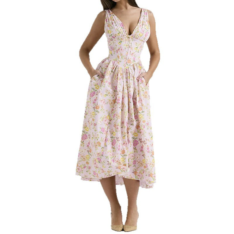 Women's Casual V-Neck Floral Print A-Line Dress