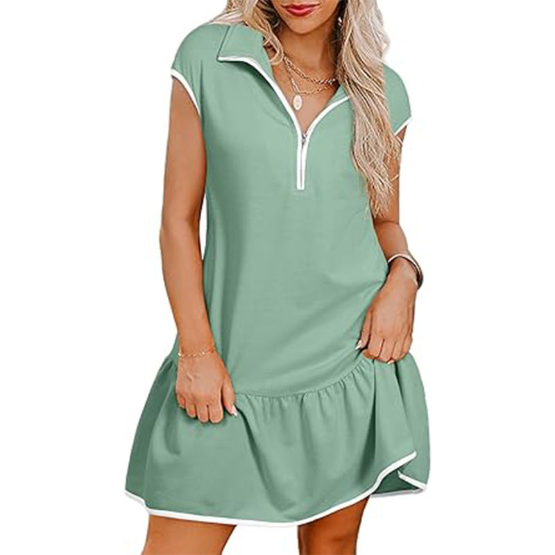 Women's Casual Color Block Short Sleeve Zipper Pullover Dress