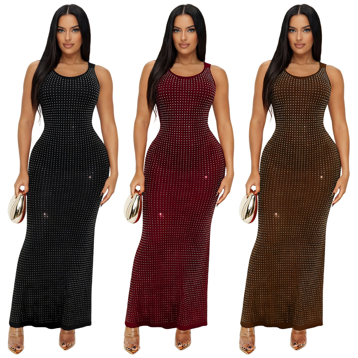 Women's Sexysolid Color Rhinestone Sleeveless High Waist Slim-Fit Dress