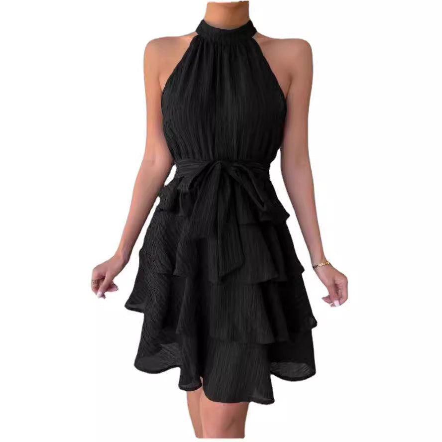 Women's Summer Solid Color Halter Neck Lace Sleeveless Ruffled Dress