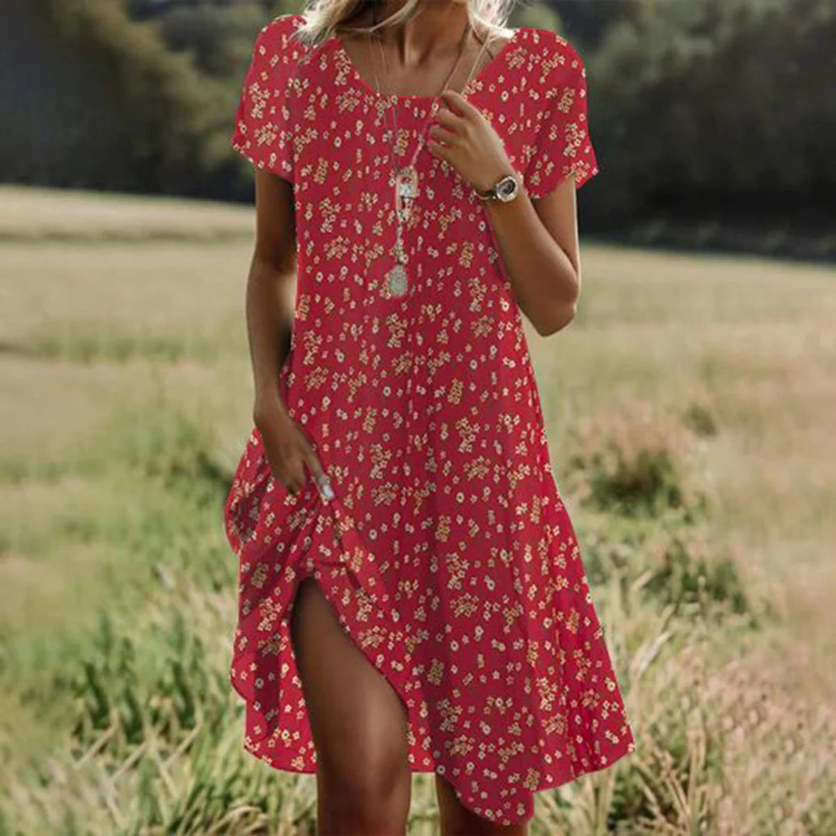 Summer Boho Ethnic Geometric Print Midi Dress, Women Casual