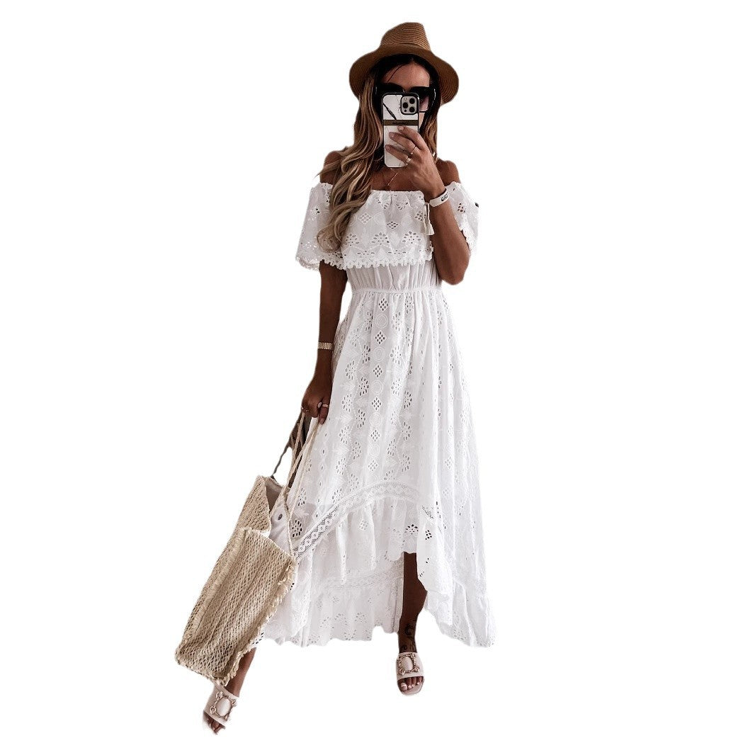 Women's Sexy Elegant Solid Color Lace Off-Shoulder Loose Dress