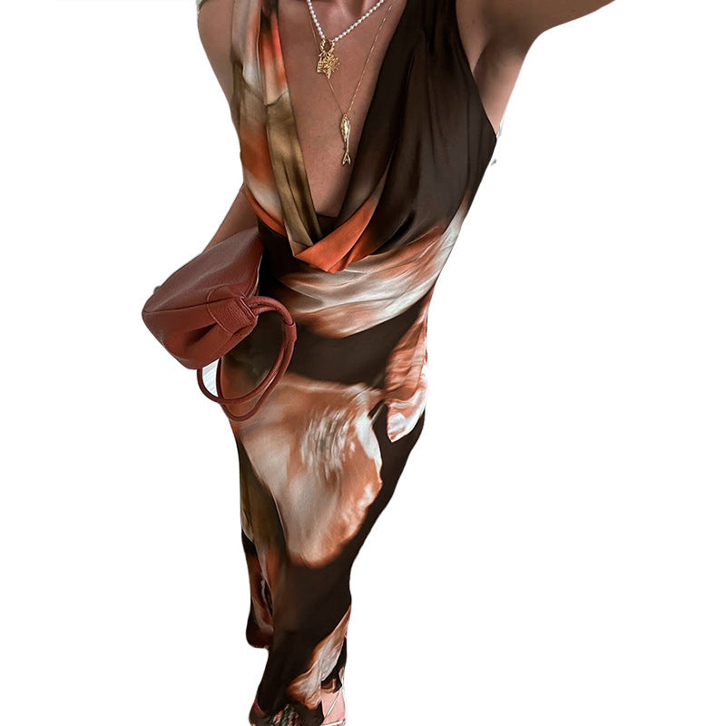 Women's Summer Vintage Cowl Neck Contrast Printed Sleeveless Maxi Dress