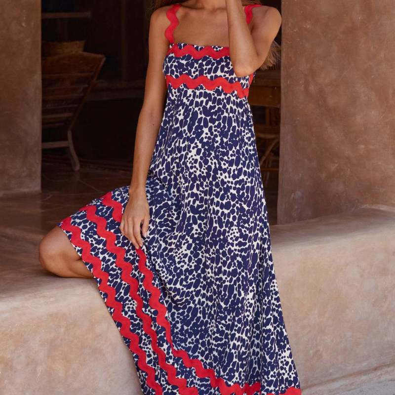 Women's Bohemian Retro Printed Maxi Dress, Sleeveless Square