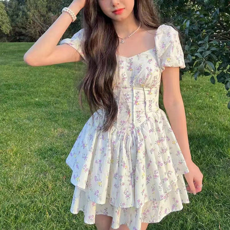 Women's Tiny Flower Print Puff Sleeve Dress