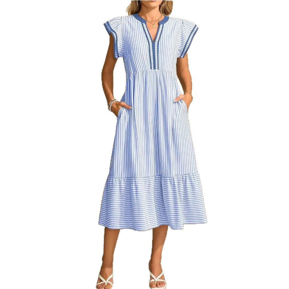 Women's Casual Stripe Ruffled V-Neck Short Sleeve Loose Dress
