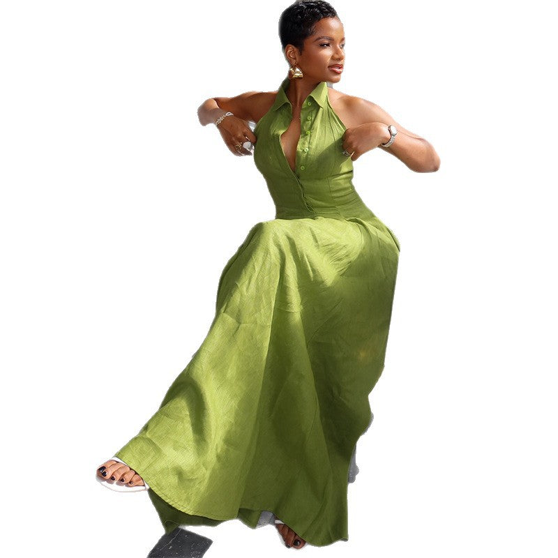 Women's Summer Vacation Neck Sleeveless V-Neck Single-Breasted Maxi Dress