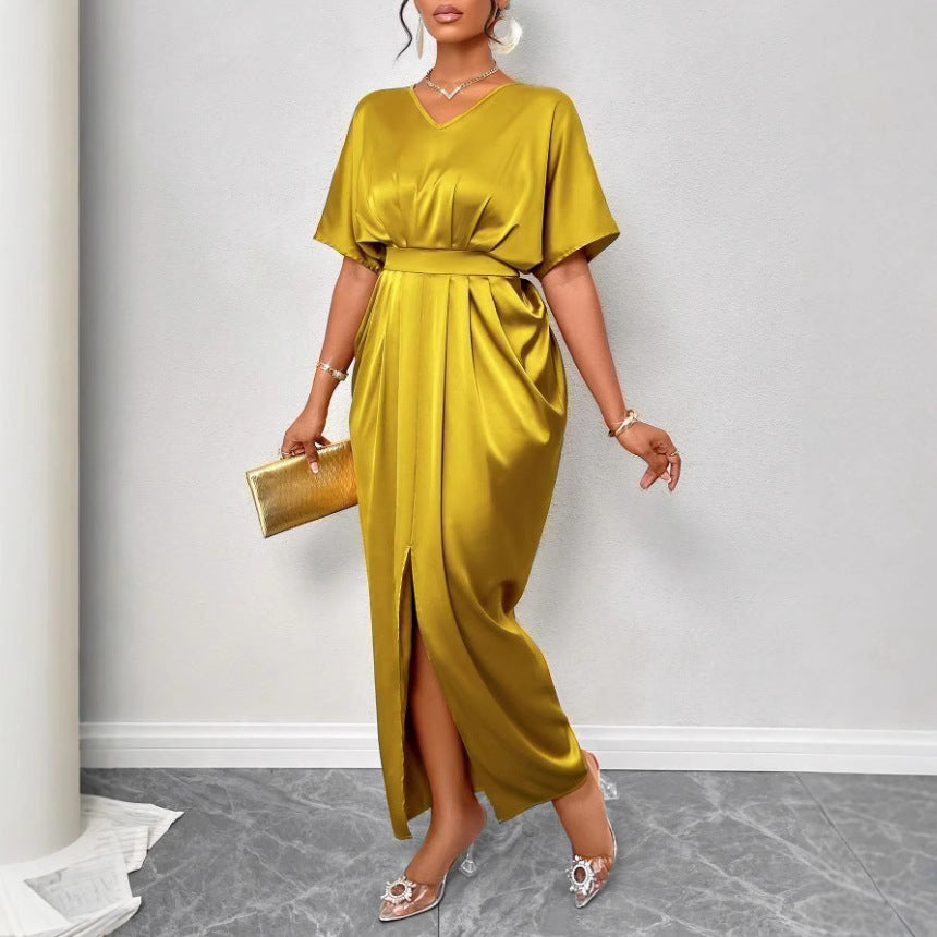 Women's Elegant Solid Color Satin V-Neck Short Sleeve Waist Dress
