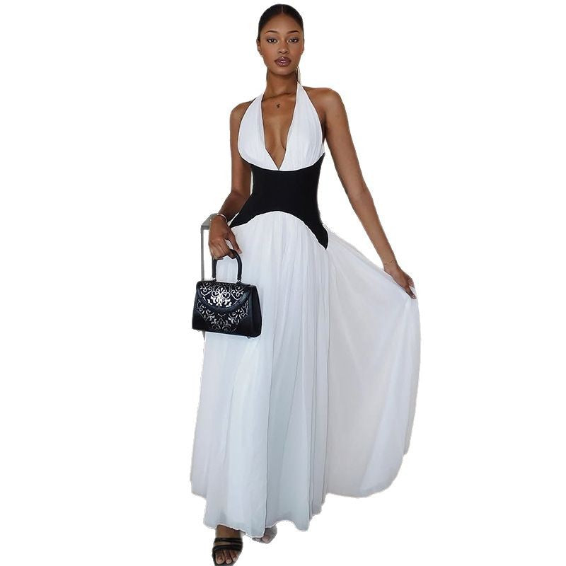 Women's Black White Stitching Halter Maxi Dress