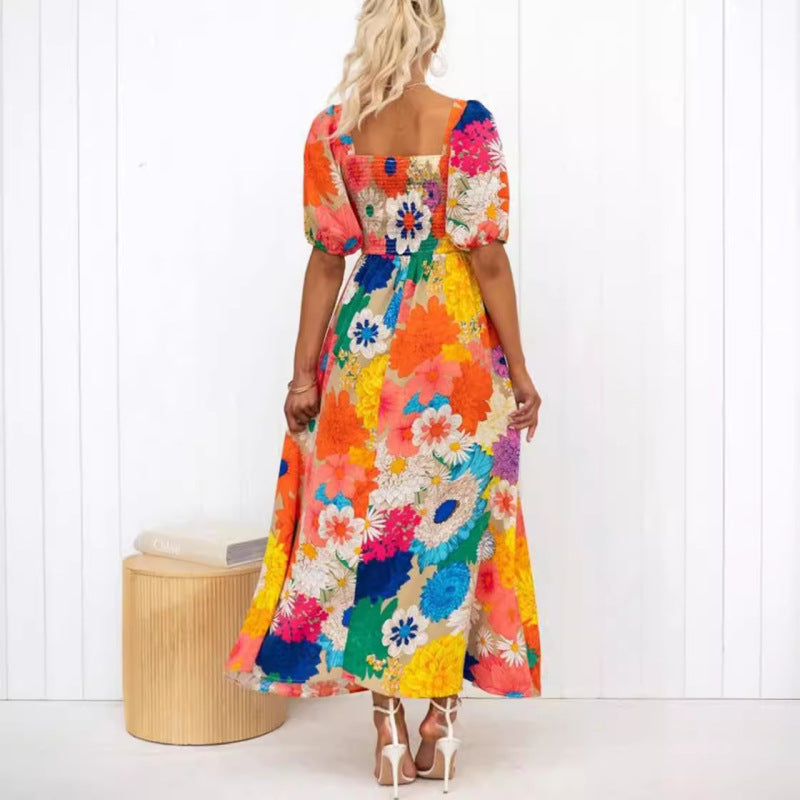 Women's Casual Printed V-Neck Puff Sleeve Vacation Maxi Dress