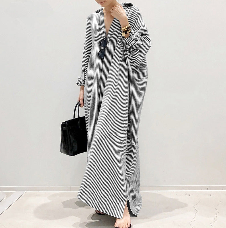 Women's Loose Stripe Print Large Size Maxi Dress, with Raglan