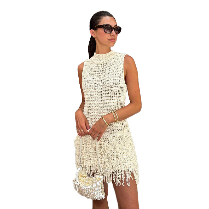 Women's Summer Sexy Sleeveless Tassel Hollow Slim-Fit Elegant Knitted Dress