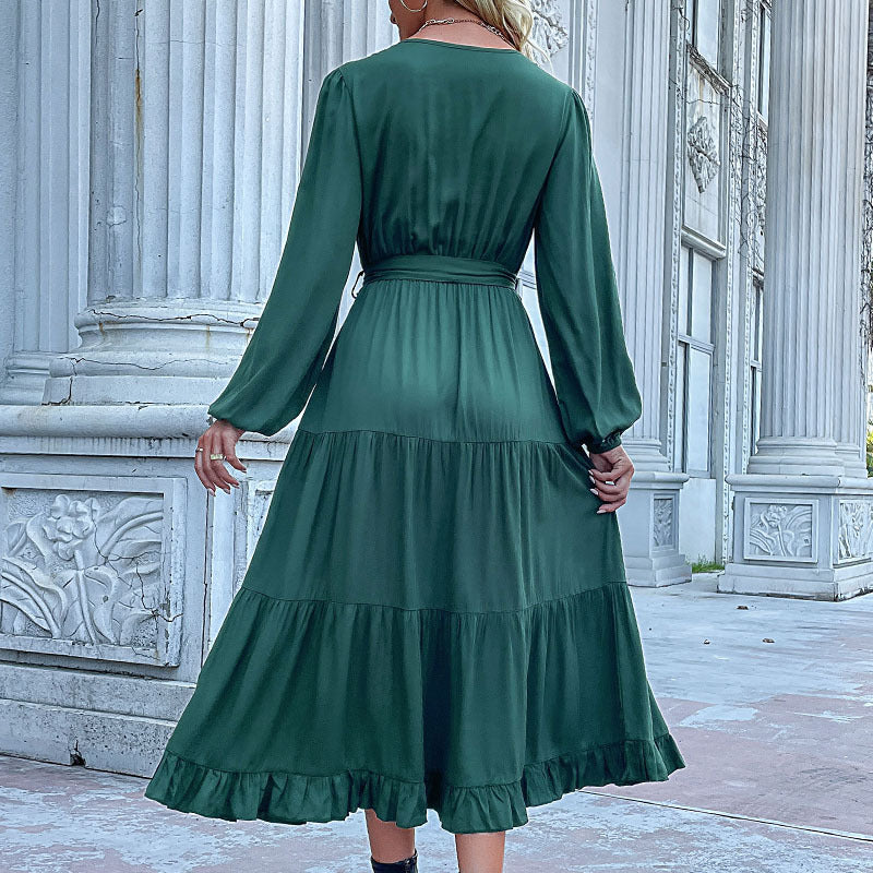 Women's Casual Autumn Winter Long Sleeve Pleated Ruffled Midi Dress