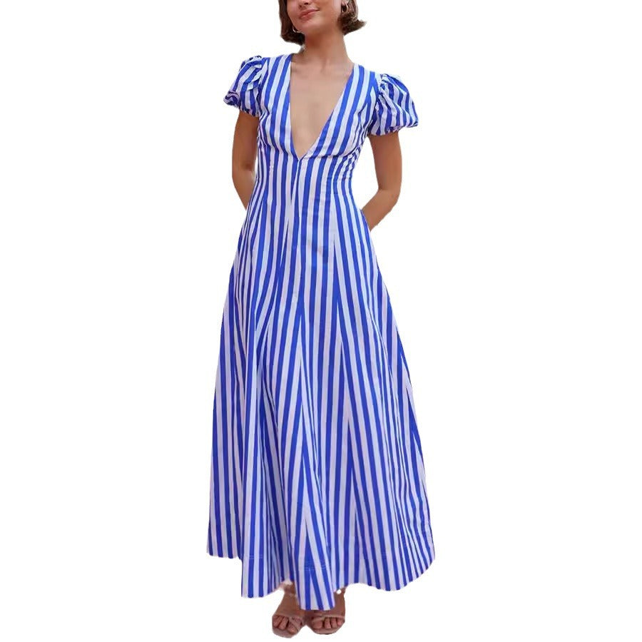 Women's Vintage V-Neck Stripe Puff Sleeve Swing Casual Maxi Dress