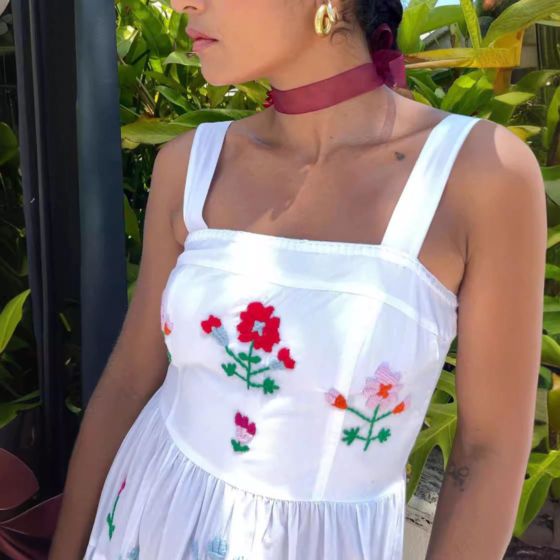 Women's Summer Casual Floral Embroidery Sling Maxi Dress