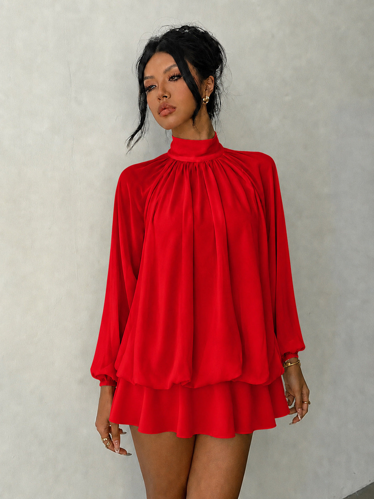 Women's Casual Solid Color Half-Turtleneck Long Sleeve Pleated Dress