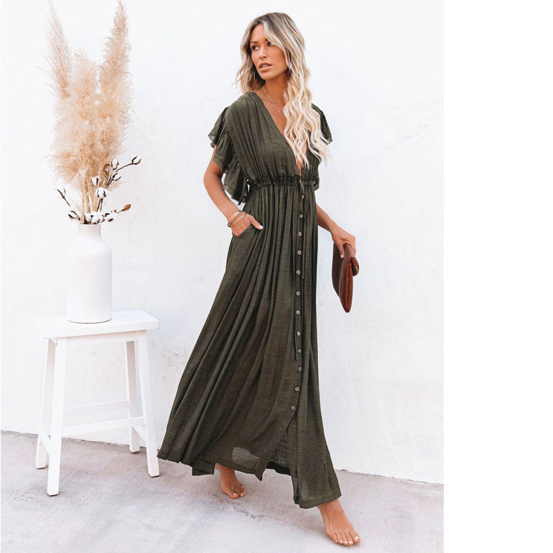 Women's Elegant Solid Color Beach Drawstring Short Sleeves Ruffled Maxi Dress