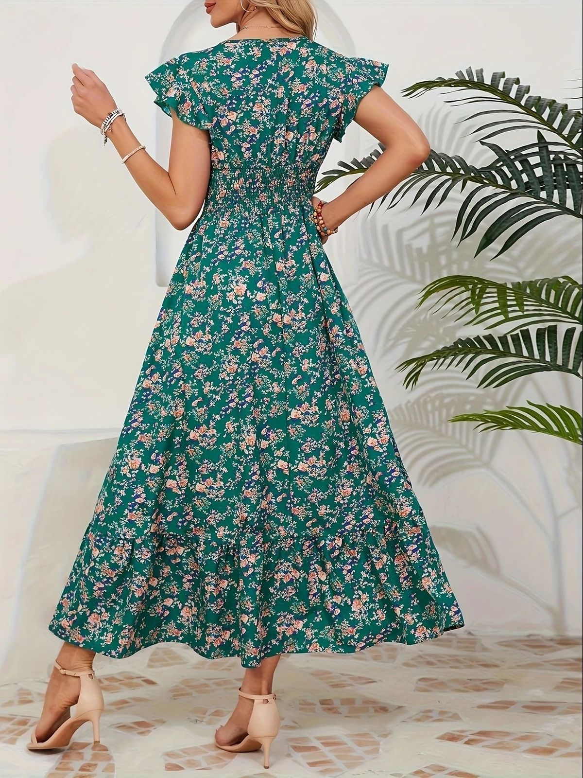 Women's Casual Summer Flower Print V-Neck Short Sleeve A-Line Loose Dress