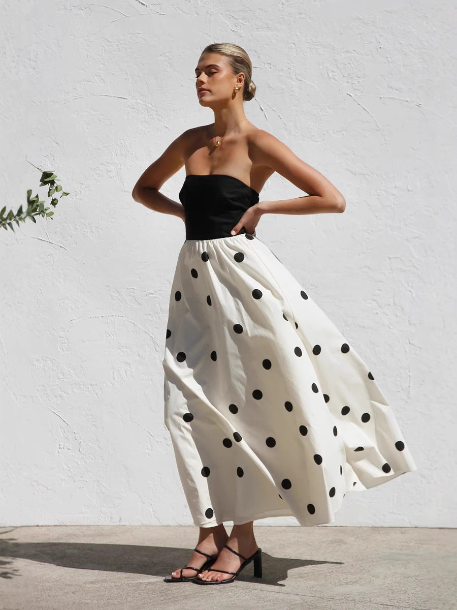 Women's Wave Dot Printing Stitching Tube Top Temperament Maxi Dress