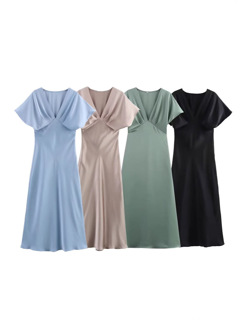 Women's Spring and Summer Solid Color Silk Satin V-Neck Short Sleeve Dress