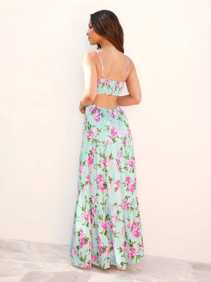 Women's Casual Floral Printed Spaghetti Strap Backless Loose Maxi Dress