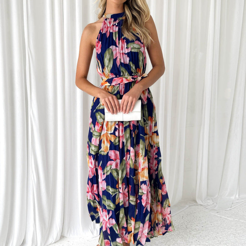 Women's Sleeveless Printed Pleated Halter Neck Maxi Dress