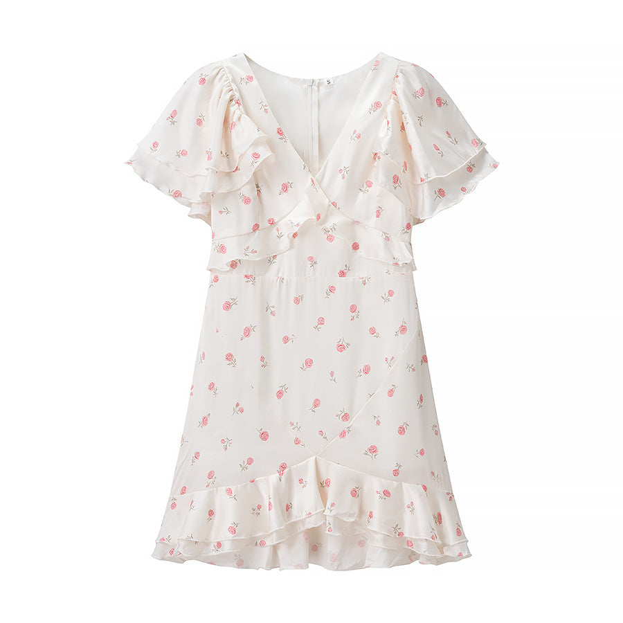 Women's Summer Tiny Flower Print Ruffled V-Neck Mini Floral Dress