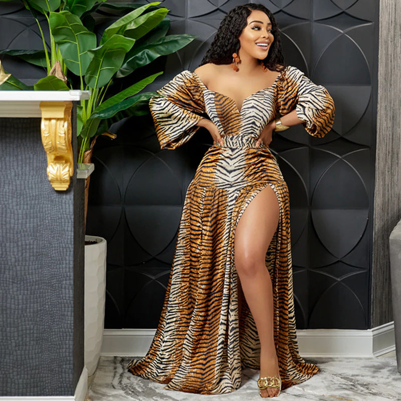 Women's Plus Size Leopard Tiger Printed V-Neck Off Shoulder Irregular Maxi Dress