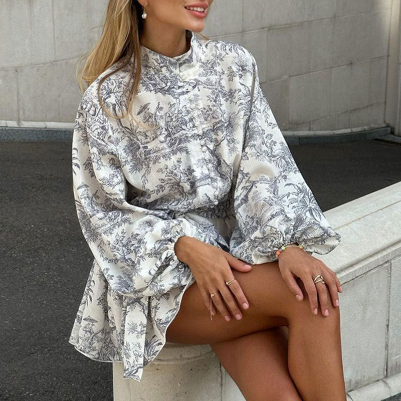 Women's Elegant Print A-Line Long Sleeve Dress