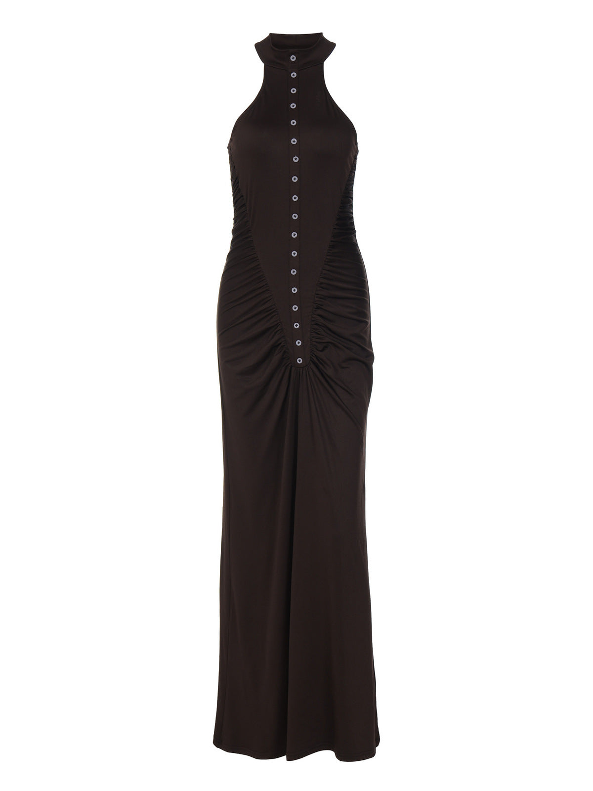 Women's Solid Color Round Neck Sleeveless Button Slim-Fit Pleated Maxi Dress