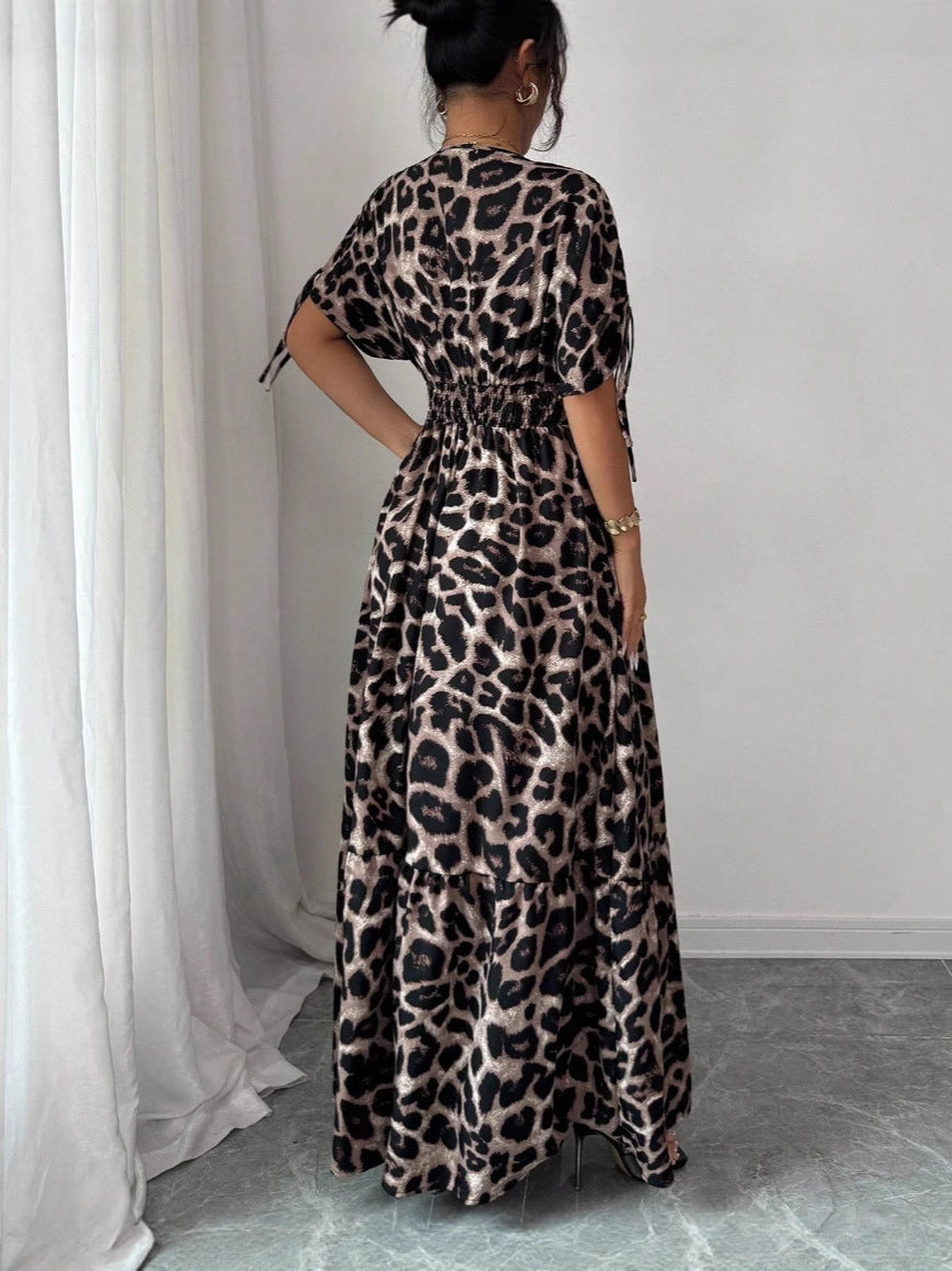 Women's Elegant Leopard Print V-Neck Short Sleeve Loose Dress