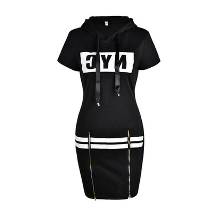 Women's Casual Hooded Slim-Fit Short Sleeve Letter Print Dress