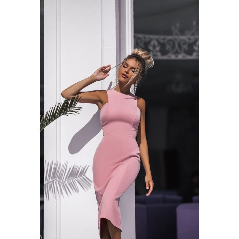 Summer Sexy Slim Fit Solid Color Sleeveless Basic Midi Bodycon Dress