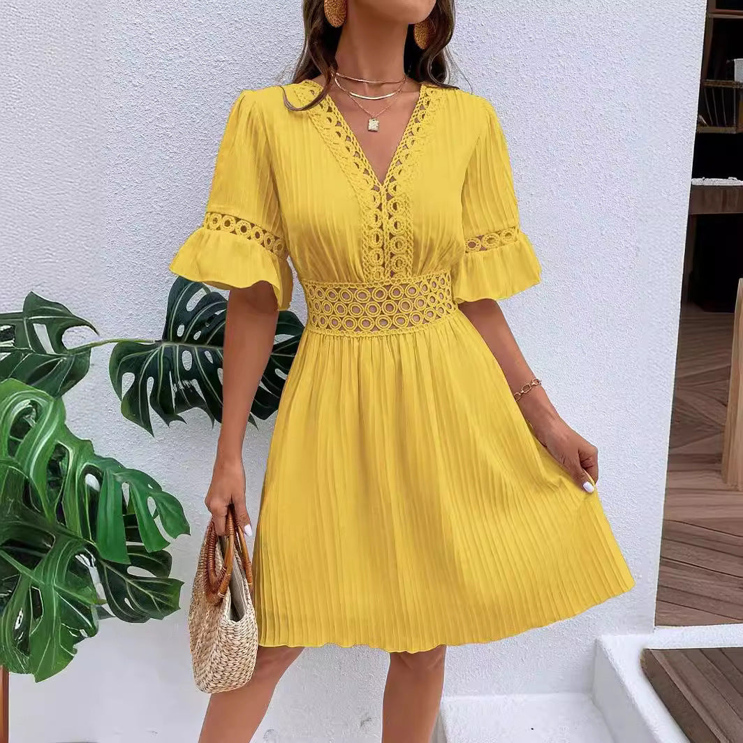 Women's Solid Color Hollow V-Neck Dress
