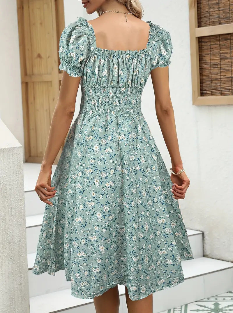 Women's Casual Flower Printed Puff Sleeve Dress