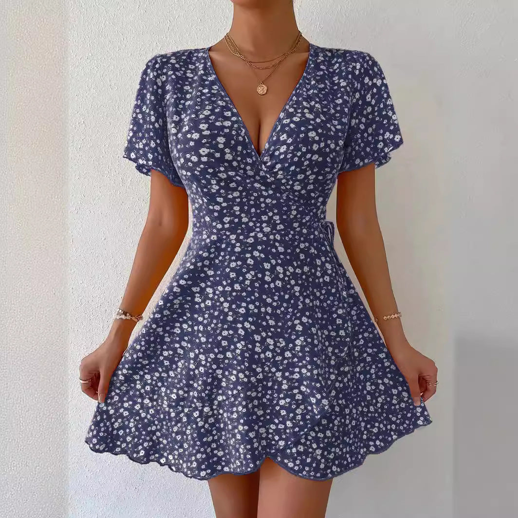 Women's Casual Floral Printed V-Neck Short Sleeve Lace-Up Waist Dress