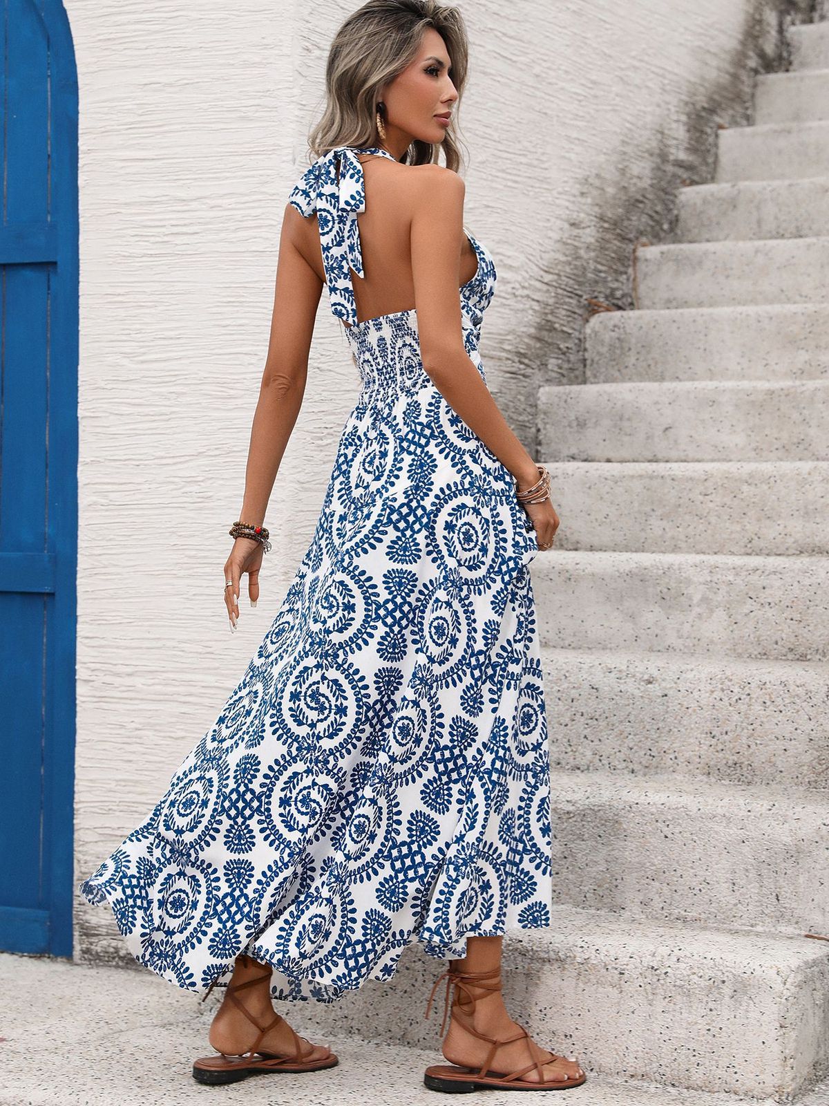Women's Sexy Summer Boho Geometric Print Halter-Neck Backless Sleeveless Dress