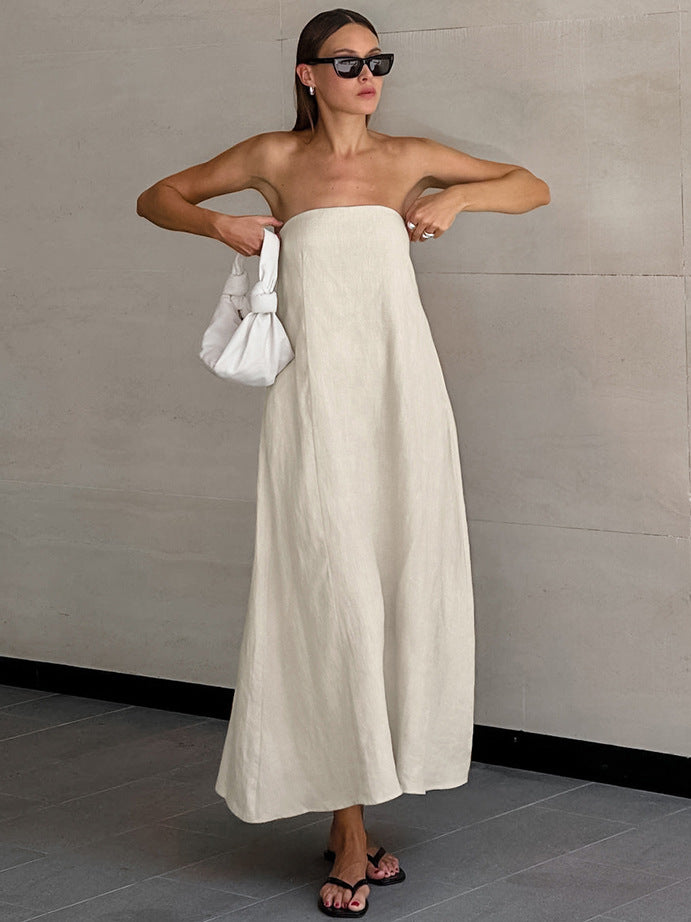 Women's Casual Strapless Cotton Linen Maxi Dress